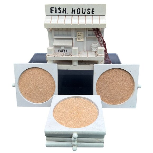 Vintage Wood Fish House Naples Florida 6 Coasters Complete Set Nautical Beachy - Picture 3 of 13